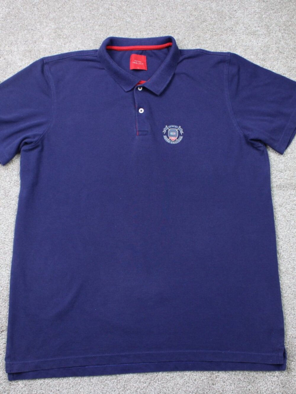 Peter England Polo Shirt Mens XL Blue Logo 100% Cotton Short Sleeve Pullover